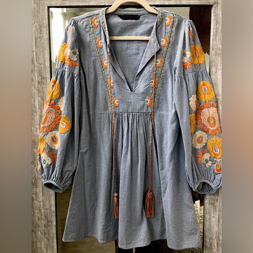 Zara Blue Gingham Embroidered Boho Tunic M